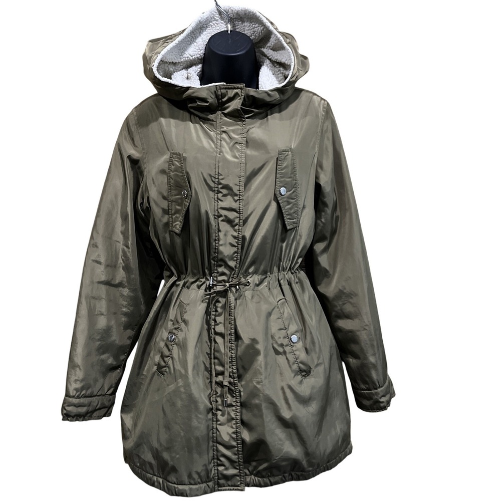 Madden NYC Parka Women Sz M Olive Green Faux Fur Hood Drawstring Utility Jacket